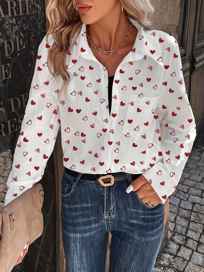 Heart Print Button Front Shirt, Casual Long Sleeve Pocket Valentine's Day Shirt For Spring & Fall, Women's Clothing
