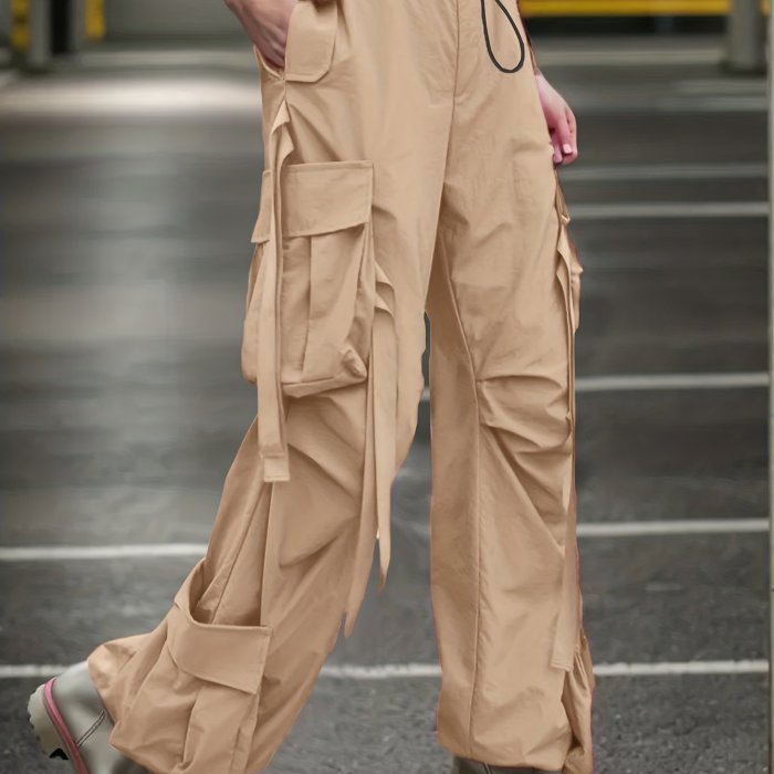 Solid Pocket Elastic Waist Cargo Pants, Casual Pants For Fall & Spring, Women's Clothing