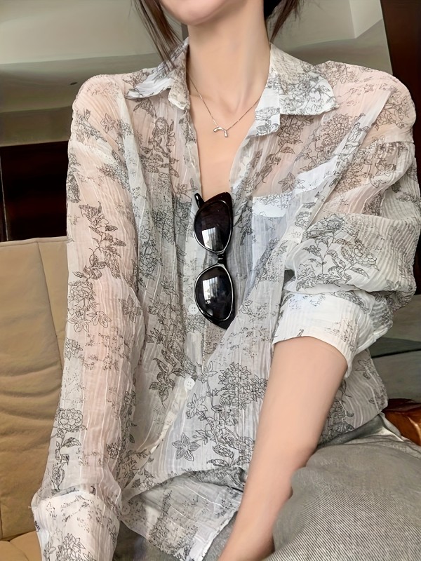 Floral Print Button Front Shirt, Casual Long Sleeve Lapel Shirt, Women's Clothing