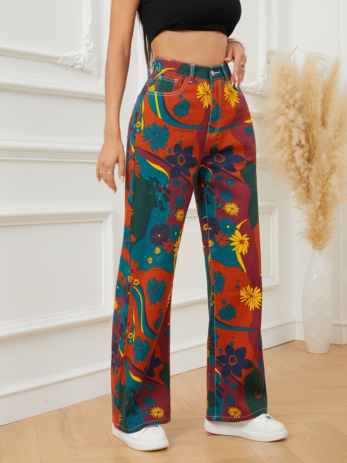 Contrast Color Casual Baggy Jeans, Loose Fit Floral Print Wide Legs Jeans, Women's Denim Jeans & Clothing