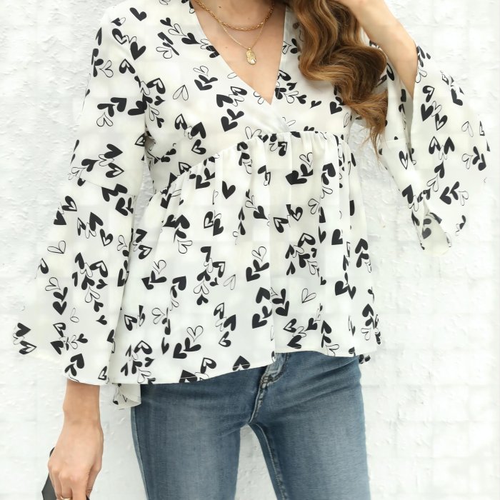 Heart Print V Neck Flare Blouse, Casual Flare Sleeve Blouse For Spring & Fall, Women's Clothing