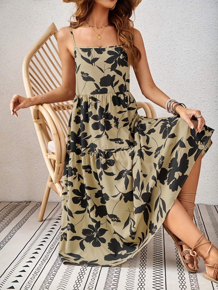 Plants Print Cami Dress, Casual Sleeveless Spaghetti Strap Dress, Women's Clothing
