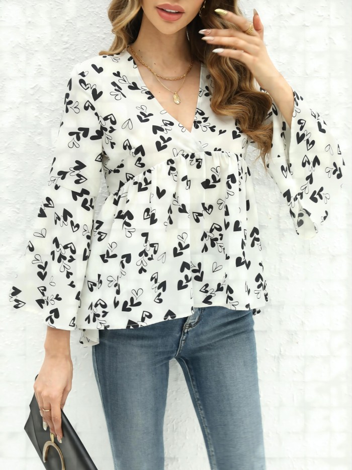 Heart Print V Neck Flare Blouse, Casual Flare Sleeve Blouse For Spring & Fall, Women's Clothing