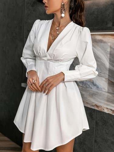 Solid V Neck Dress, Elegant Long Sleeve Curved Hem Dress For Spring & Fall, Women's Clothing