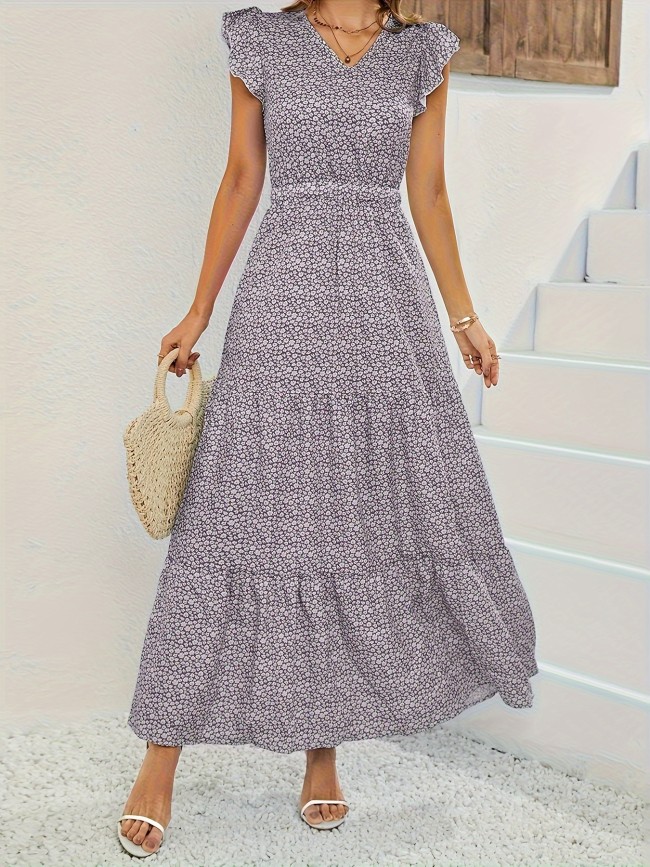 Allover Print Ruffle Trim Dress, Vacation Style V-neck Swing Aline Dress For Spring & Summer, Women's Clothing