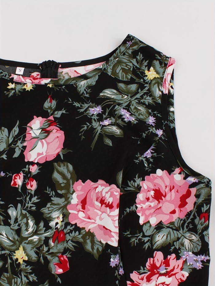 Floral Print Tank Dress, Vintage Crew Neck Sleeveless Pleated Dress, Women's Clothing
