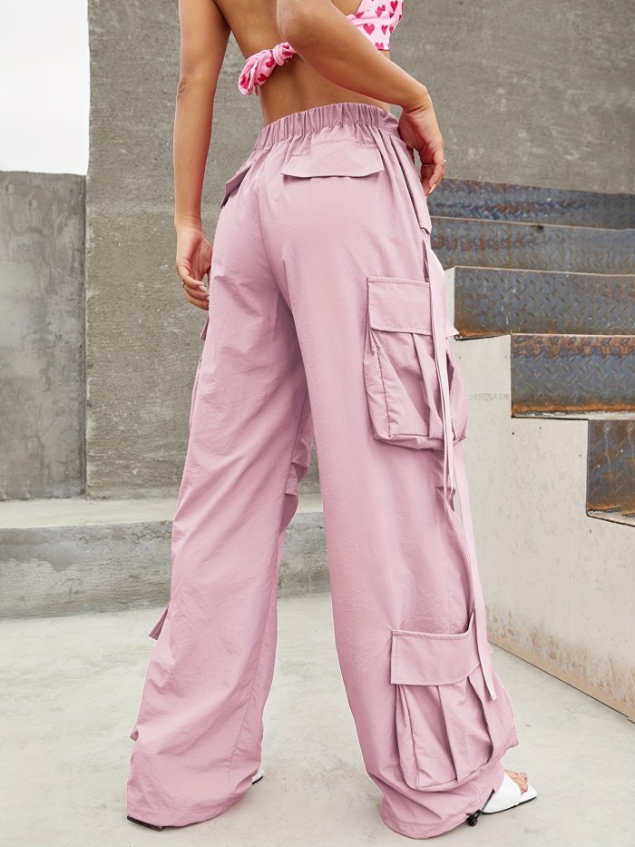 Solid Flap Pockets Wide Leg Cargo Pants, Casual Drawstring Pants For Spring & Fall, Women's Clothing