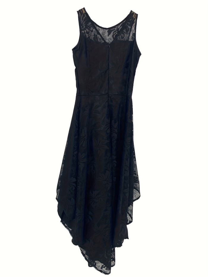 Lace High Low Hem A-line Dress, Elegant Sleeveless Tie Waist Dress For Party & Banquet, Women's Clothing