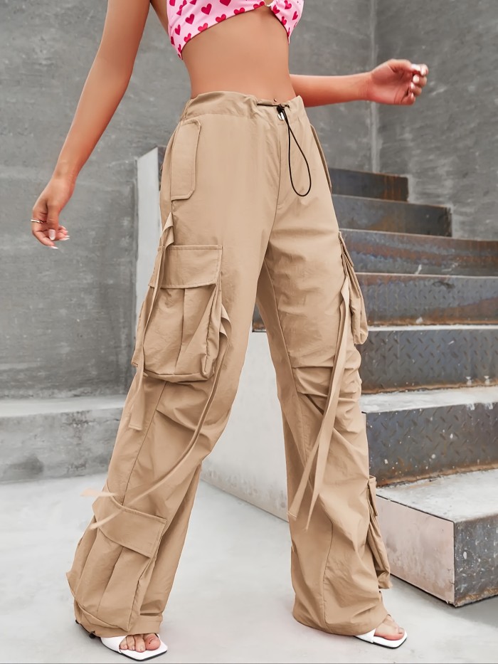 Solid Flap Pockets Wide Leg Cargo Pants, Casual Drawstring Pants For Spring & Fall, Women's Clothing