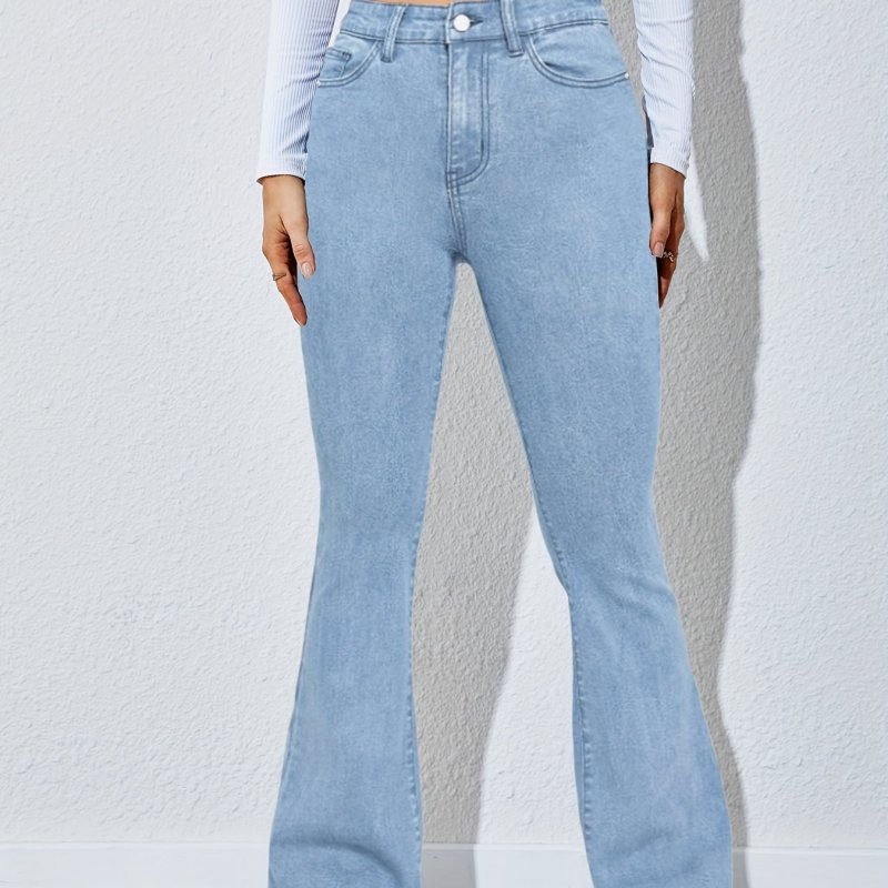 High Waist High Strech Light Blue Bootcut Jeans, Zipper Button Closure Flare Leg Causal Denim Pants, Women's Denim Jeans & Clothing