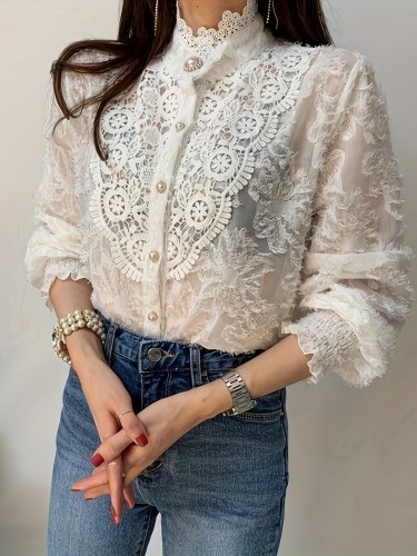 Solid Lace Applique Textured Blouse, Elegant Mock Neck Long Sleeve Blouse, Women's Clothing