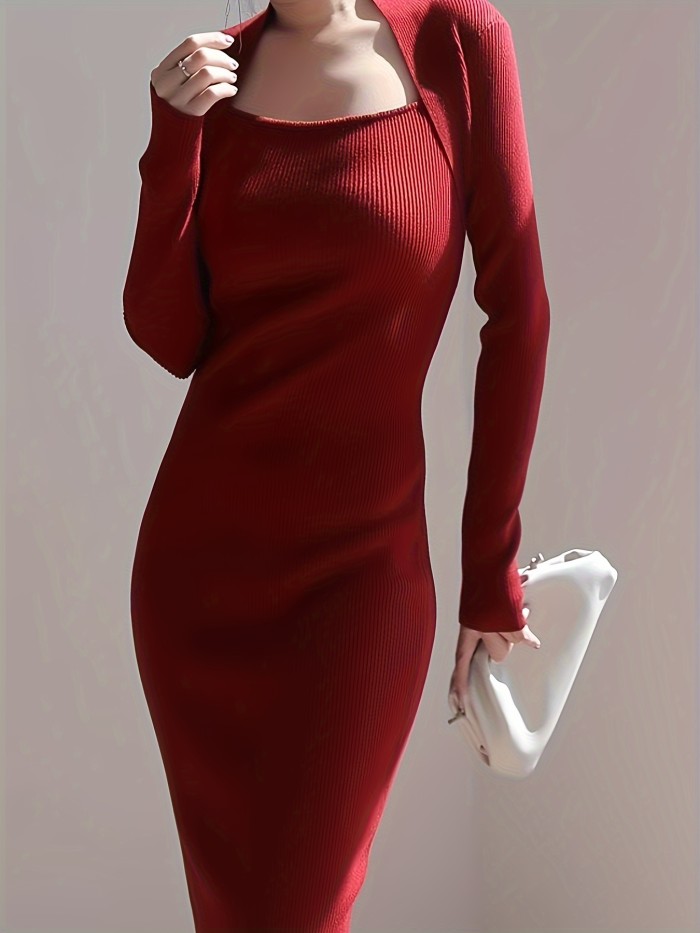 Solid Knitted Bodycon Dress, Elegant Long Sleeve Dress For Spring & Fall, Women's Clothing
