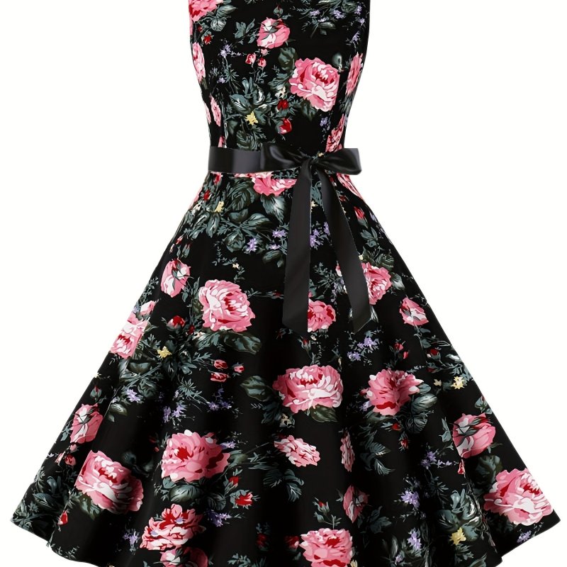 Floral Print Tank Dress, Vintage Crew Neck Sleeveless Pleated Dress, Women's Clothing