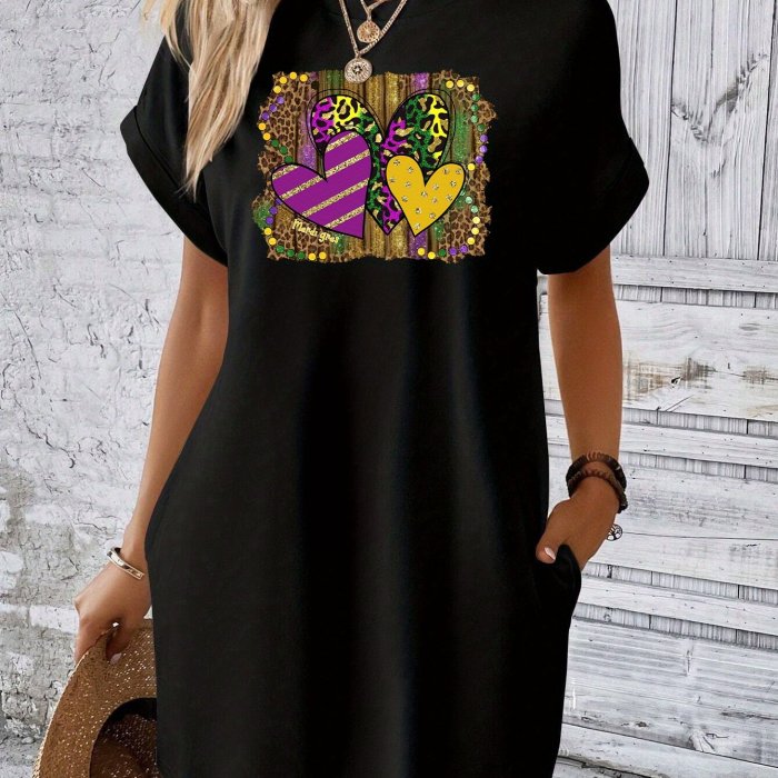 Mardi Gras Graphic Print Tee Dress, Short Sleeve Crew Neck Casual Dress For Summer & Spring, Women's Clothing