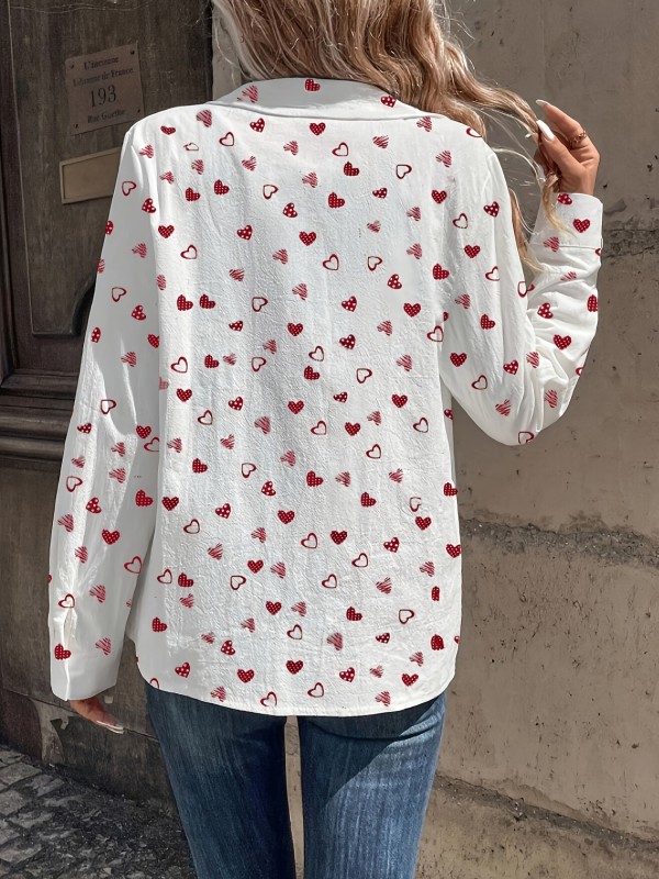 Heart Print Button Front Shirt, Casual Long Sleeve Pocket Valentine's Day Shirt For Spring & Fall, Women's Clothing