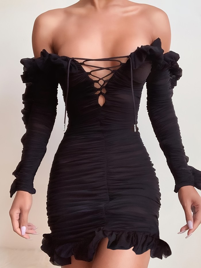 Off Shoulder Cross Tie Dress, Sexy Ruched Ruffle Trim Bodycon Dress For Spring & Fall, Women's Clothing