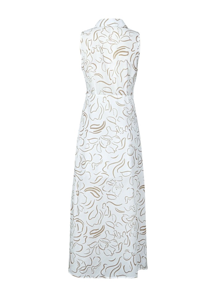 Abstract Print Button Front Dress, Casual Sleeveless Tie Waist A-line Lapel Dress, Women's Clothing