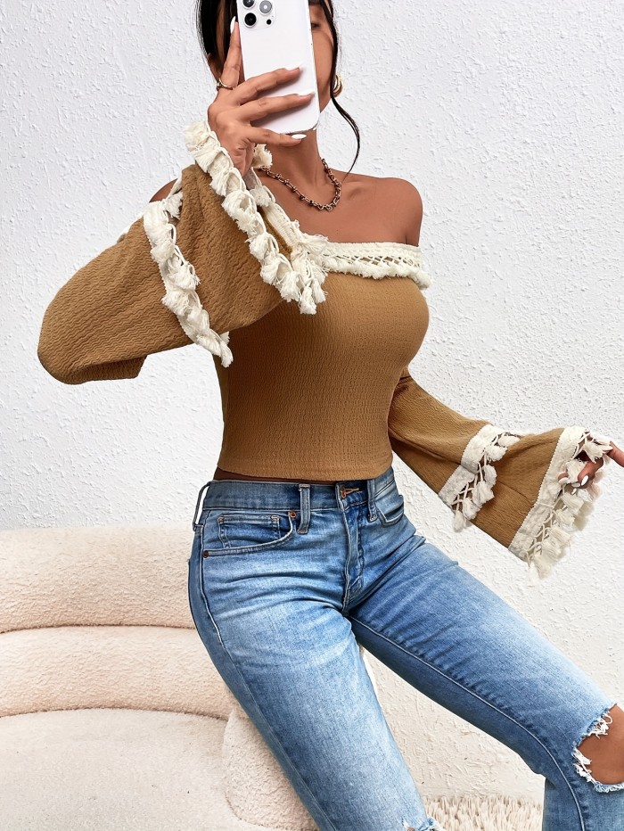 Tassel Trim Off-shoulder Blouse, Casual Flare Tiered Sleeve Blouse For Spring & Fall, Women's Clothing