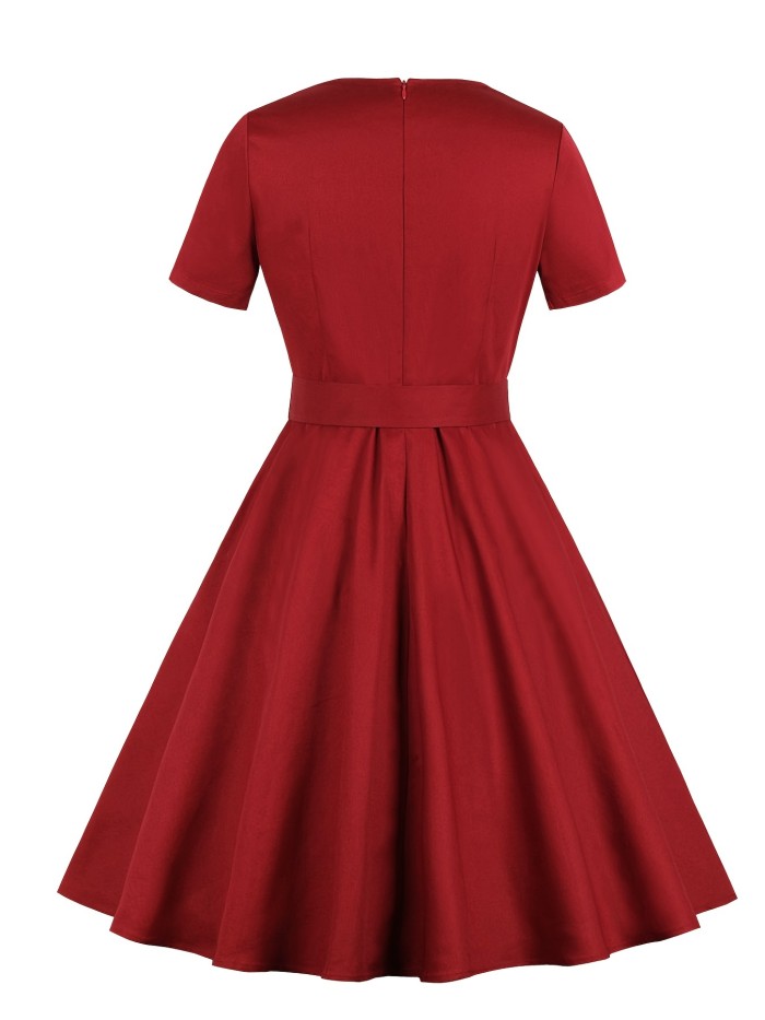 Retro Square Neck Dress, Vintage Short Sleeve Casual Swing Short Sleeve Belt Waist Evening Party Dresses, Women's Clothing