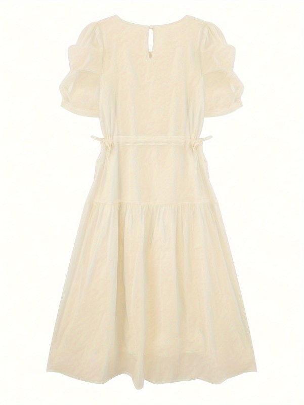 Solid Drawstring Waist Dress, Elegant Puff Sleeve Ruffle Hem Midi Dress, Women's Clothing