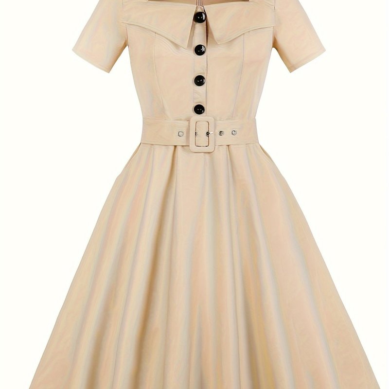 Retro Square Neck Dress, Vintage Short Sleeve Casual Swing Short Sleeve Belt Waist Evening Party Dresses, Women's Clothing