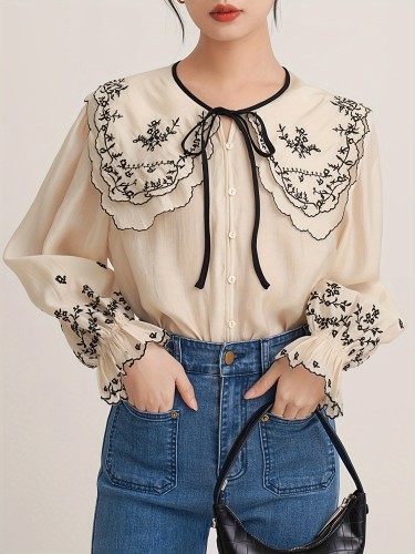 Floral Embroidered Button Up Doll Collar Blouse, Long Sleeve Tie Neck Elegant Blouse, Women's Clothing