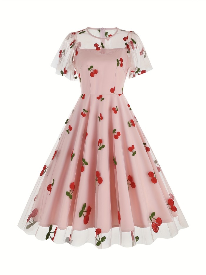 Heart Print Mesh Overlay Dress, Vintage Short Sleeve Crew Neck Flare Dress, Women's Clothing ,Valentine's Day