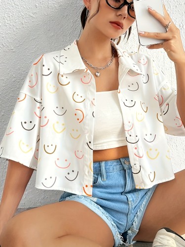 Smile Print Button Front Crop Shirt, Cute Drop Shoulder Short Sleeve Shirt For Spring & Summer, Women's Clothing