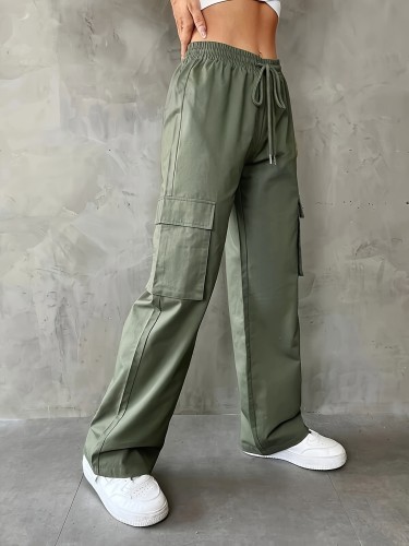 Flap Pockets Wide Leg Cargo Pants, Casual Solid Drawstring Pants For Spring & Summer, Women's Clothing