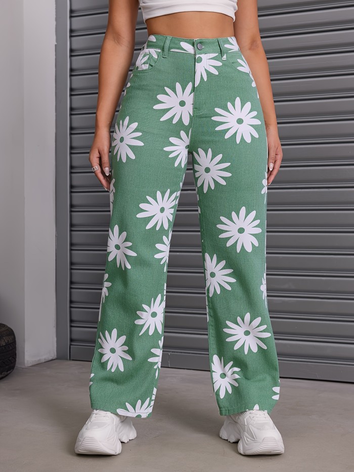 Green Floral Print Straight Jeans, Loose Fit Non-Stretch Casual Denim Pants, Women's Denim Jeans & Clothing
