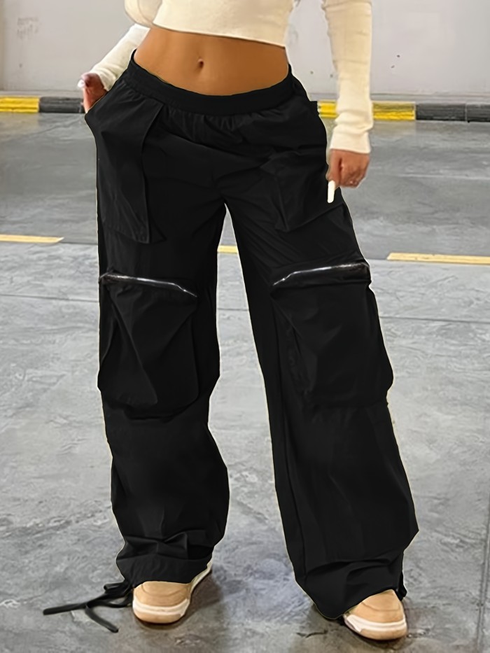 Fashion Y2K Loose Multi Pocket Zipper Pocket Cargo Pants, Casual Sports Loose Wide Leg Pants For Hiking, Women's Athleisure