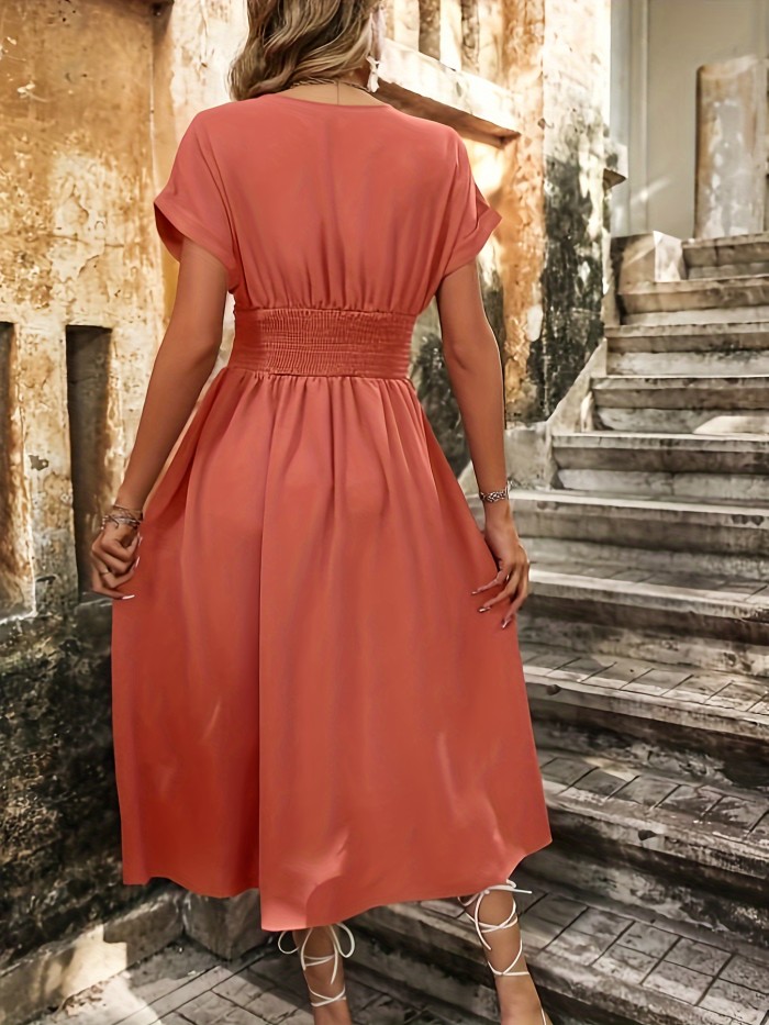 Solid High Waist Midi Dress, Elegant V Neck Short Sleeve Dress, Women's Clothing