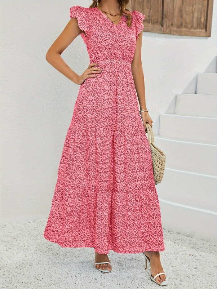 Allover Print Ruffle Trim Dress, Vacation Style V-neck Swing Aline Dress For Spring & Summer, Women's Clothing