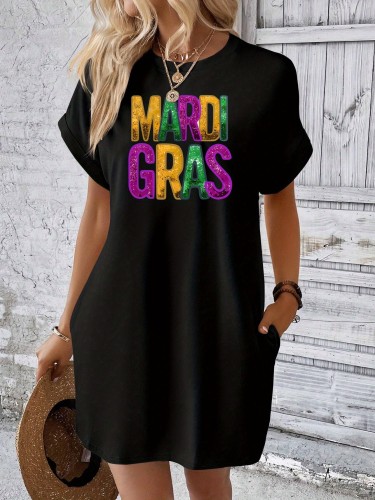Mardi Gras Print Tee Dress, Short Sleeve Crew Neck Casual Dress For Summer & Spring, Women's Clothing