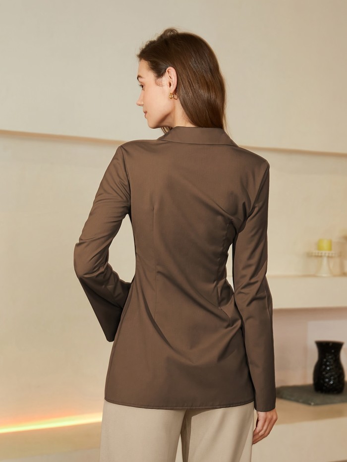 Solid Color Button Front Blouse, Casual Long Sleeve Blouse For Spring & Fall, Women's Clothing