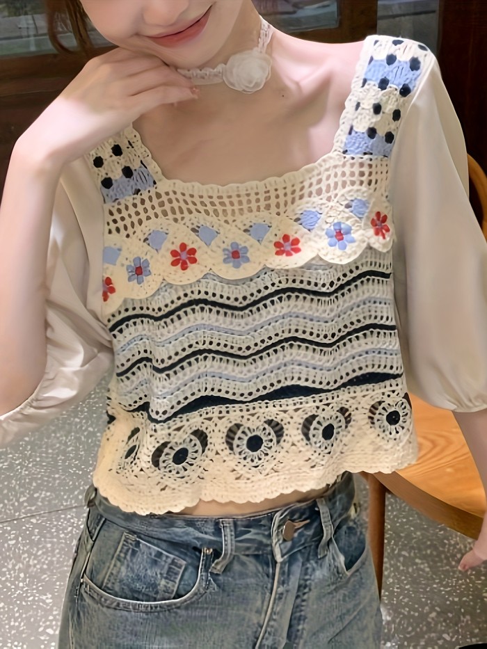 Floral Crochet Square Neck Blouse, Chic Lantern Sleeve Crop Top For Spring & Summer, Women's Clothing