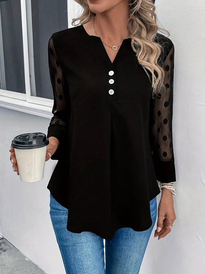 Dot Print Mesh Splicing Blouse, Casual Notched Neck  Button Decor Blouse For Spring & Fall, Women's Clothing