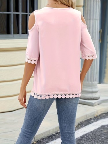 Lace Trim Crew Neck Blouse, Elegant Cold Shoulder Top For Spring & Summer, Women's Clothing