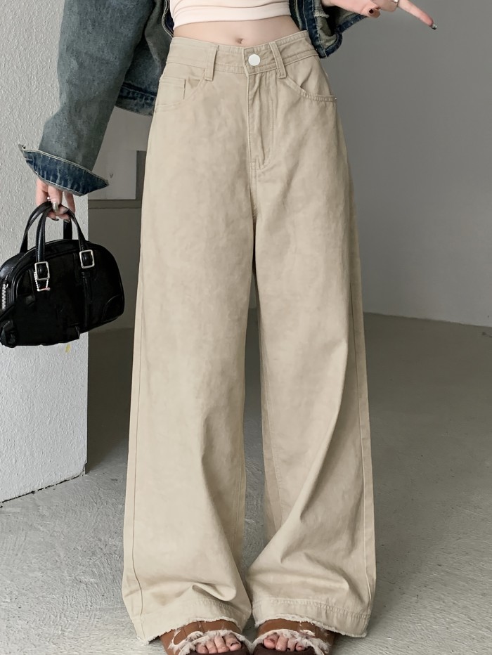 Plain Apricot Wide Leg Jeans, Loose Fit Slash Pocket Basic Denim Pants, Women's Denim Jeans & Clothing