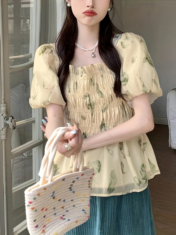 Allover Print Square Neck Shirred Blouse, Casual Short Sleeve Flare Blouse For Spring & Summer, Women's Clothing