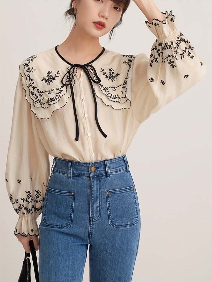 Floral Embroidered Button Up Doll Collar Blouse, Long Sleeve Tie Neck Elegant Blouse, Women's Clothing