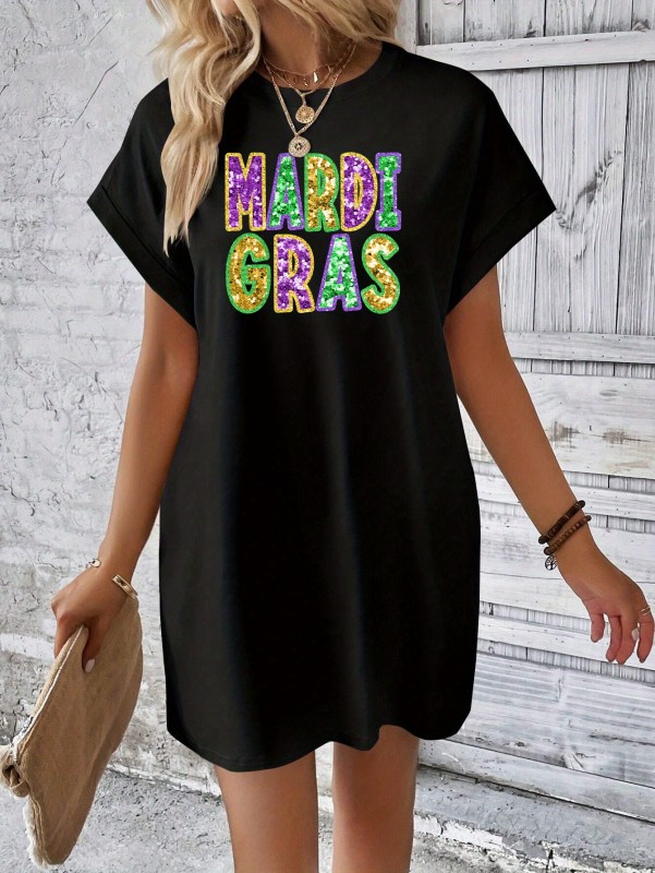 Mardi Gras Letter Print Tee Dress, Short Sleeve Crew Neck Casual Dress For Summer & Spring, Women's Clothing