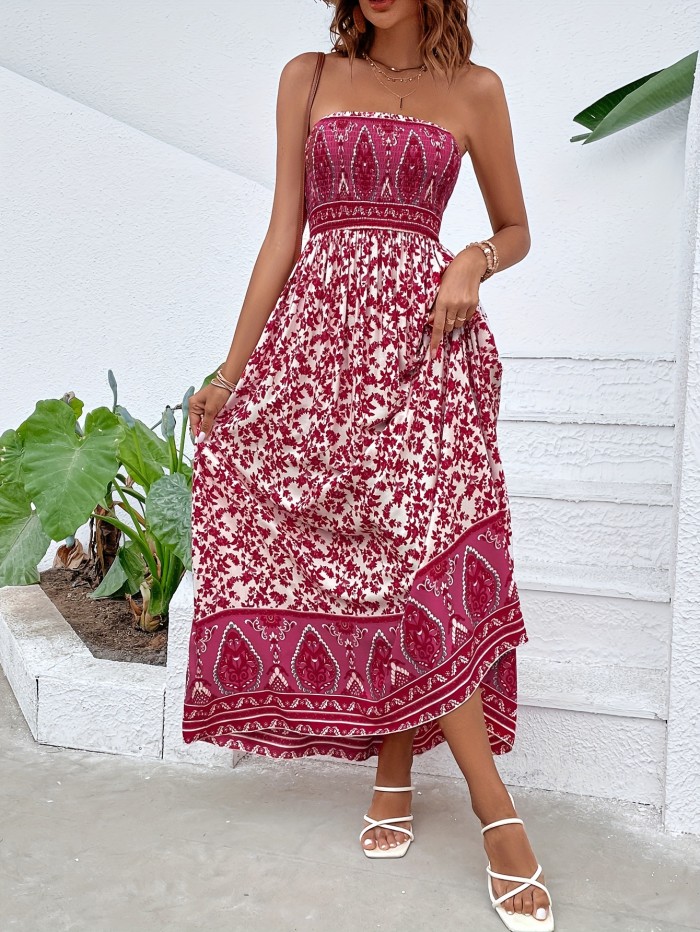 Floral Print Tube Dress, Elegant Strapless Dress For Spring & Summer, Women's Clothing