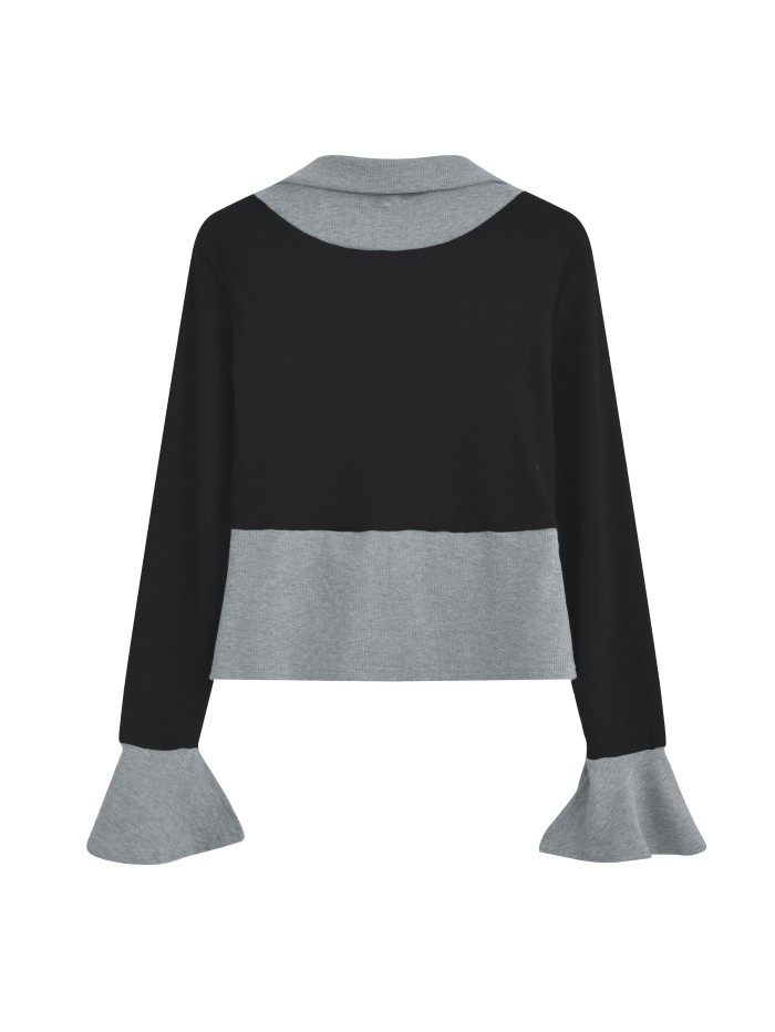 Color Block Button Front V-neck Top, Casual Long Sleeve Split Top For Spring & Fall, Women's Clothing