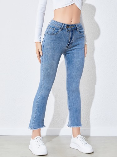 Double Button Zipper Closure Bell Bottom Shape Raw Hem Light Blue Color Cropped Flare Jeans, Women's Denim Jeans, Women's Clothing