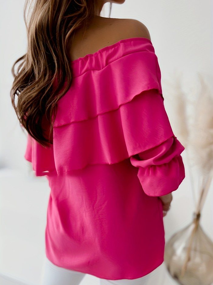 Ruffle Trim Layered Blouse, Sexy Off Shoulder Solid Blouse, Women's Clothing