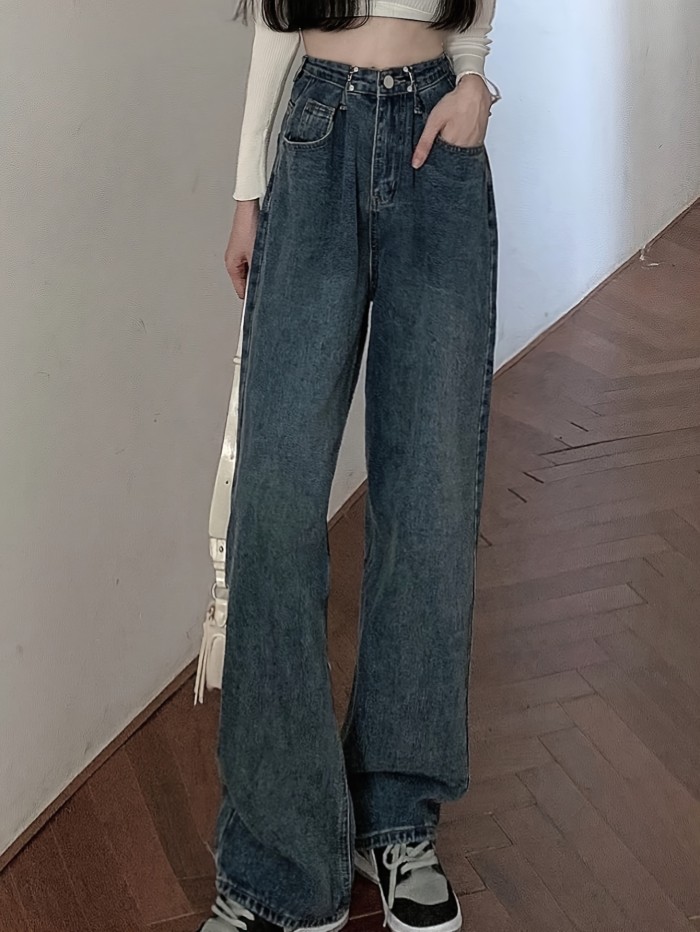 High Waist Casual Baggy Jeans, Loose Fit Non-Stretch Washed Wide Legs Jeans, Women's Denim Jeans & Clothing