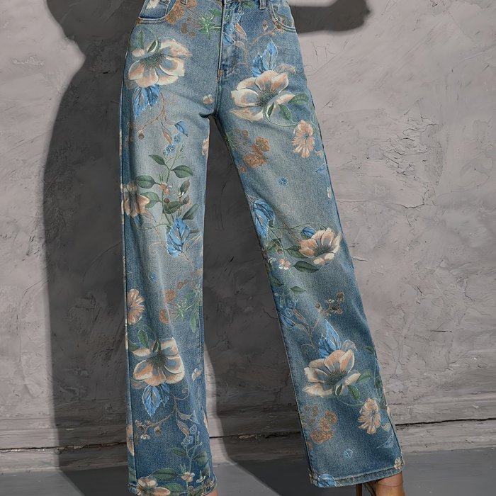Floral Pattern Washed Straight Jeans, Loose Fit Slant Pockets Denim Pants, Women's Denim Jeans & Clothing