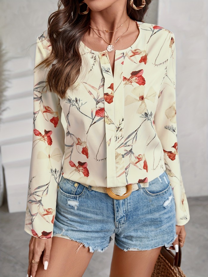 Floral Print Notch Neck Blouse, Casual Long Sleeve Blouse For Spring & Fall, Women's Clothing