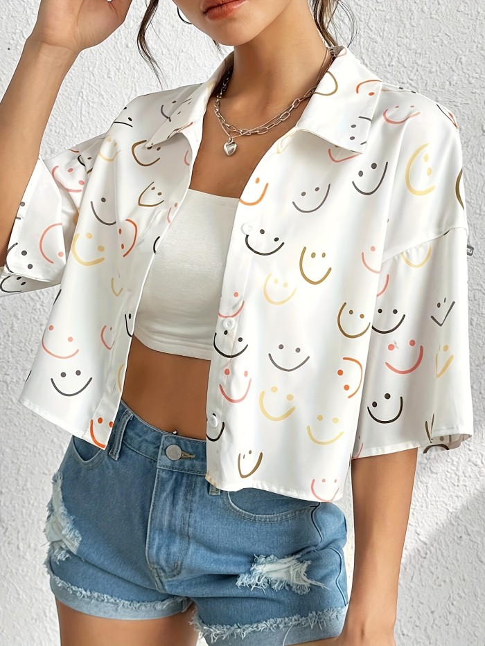 Smile Print Button Front Crop Shirt, Cute Drop Shoulder Short Sleeve Shirt For Spring & Summer, Women's Clothing